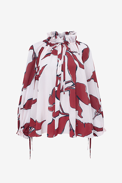 Blouse with Floral Print and Gathered Stand Collar