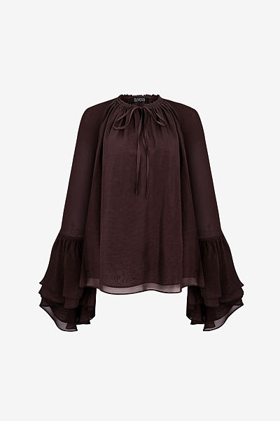 Silk Chiffon Blouse with Ruffle Sleeves and Tie Detail