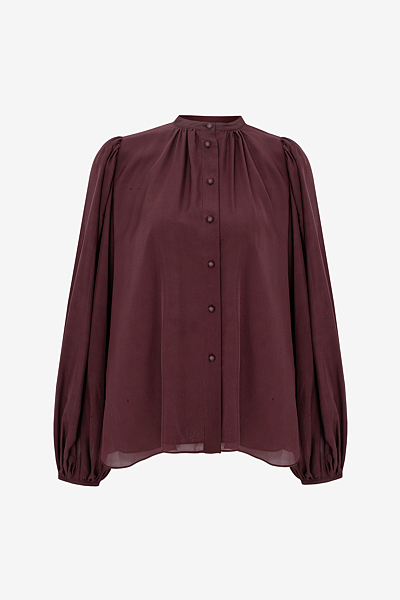 Silk Chiffon Blouse with Stand Collar and Pleat Details