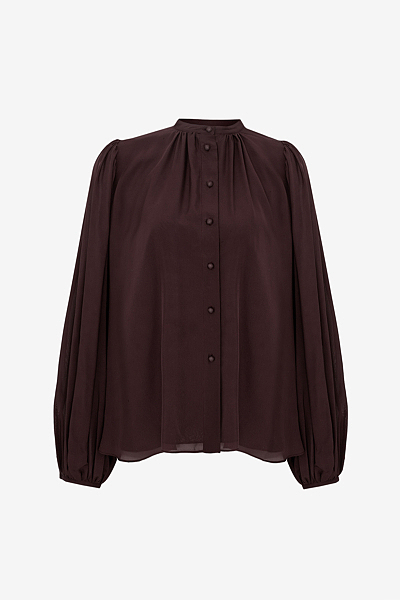 Silk Chiffon Blouse with Stand Collar and Pleat Details