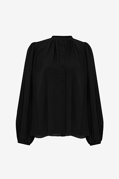 Silk Chiffon Blouse with Stand Collar and Pleat Details