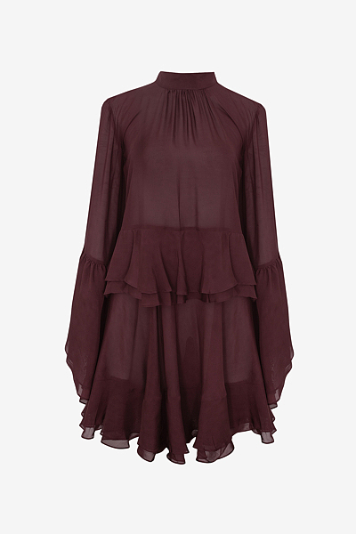 Silk Chiffon Dress with Ruffles and Stand Collar
