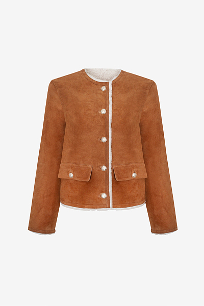 Short Shearling Jacket with Patch Pockets