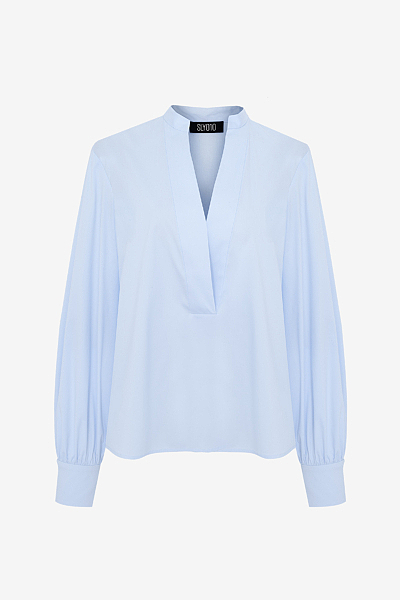 Cotton Poplin Blouse with V-Neckline
