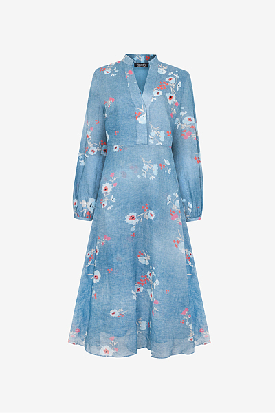 Ramie Midi-Dress with V-Neck